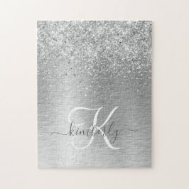 Silver Brushed Metall Glitter Monogram Namn Pussel