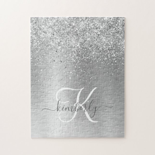 Silver Brushed Metall Glitter Monogram Namn Pussel (Vertikal)