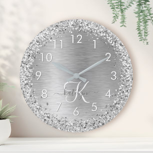 Silver Brushed Metall Glitter Monogram Namn Rund Klocka