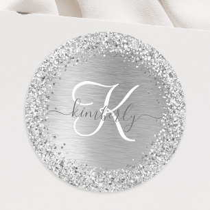Silver Brushed Metall Glitter Monogram Namn Runt Klistermärke