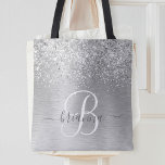 Silver Brushed Metall Glitter Monogram Namn Tygkasse<br><div class="desc">Anpassa enkelt trendigets chic till säckens utformning med söt silver mousserande glitter på en borstad metallbakgrund från silver.</div>