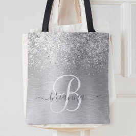 Silver Brushed Metall Glitter Monogram Namn Tygkasse