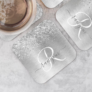 Silver Brushed Metall Glitter Monogram Namn Underlägg Papper Kvadrat