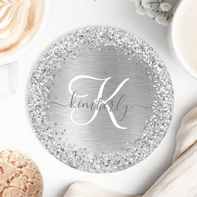 Silver Brushed Metall Glitter Monogram Namn Underlägg Papper Rund (Skapare uppladdad)