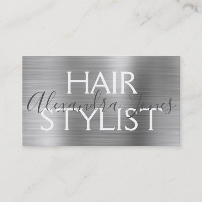 Silver Brushed Metall Hair Stylist Visitkort (Framsida)