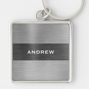 Silver Brushed Metall Metallic Monogram Namn Fyrkantig Silverfärgad Nyckelring