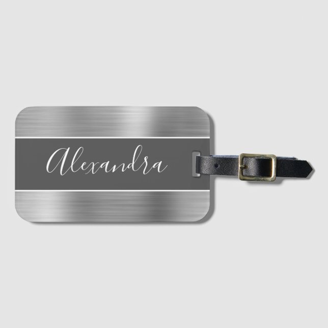 Silver Brushed Metall Monogram Namn Bagagebricka (Framsida horisontal)