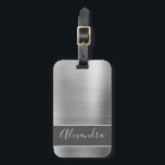 Silver Brushed Metall Monogram Namn Bagagebricka<br><div class="desc">Luxury Silver med Grått Band Brushed Metall Foil Monogram Namn Luggage Tag. Denna faux metalliska märkre för väska av rostfritt stål är perfekt för Back to school,  arbete eller resande.</div>