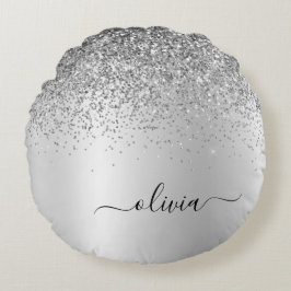Silver Brushed Metall Monogram Namn Girly Rund Kudde