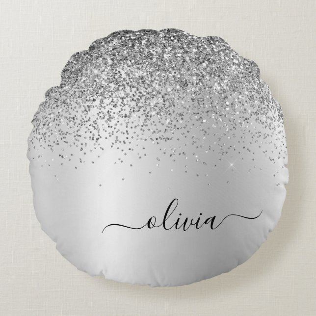 Silver Brushed Metall Monogram Namn Girly Rund Kudde (Framsidan)
