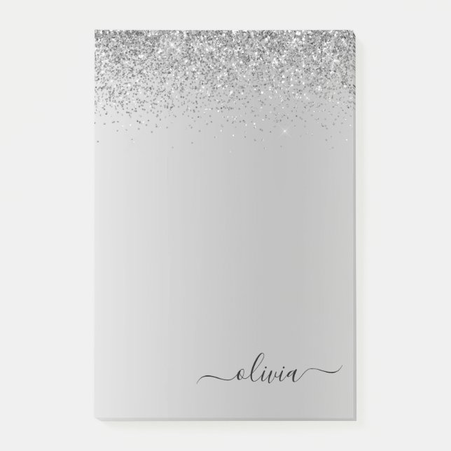 Silver Brushed Metall Monogram Namn Luxury Post-it Block (Framsida)