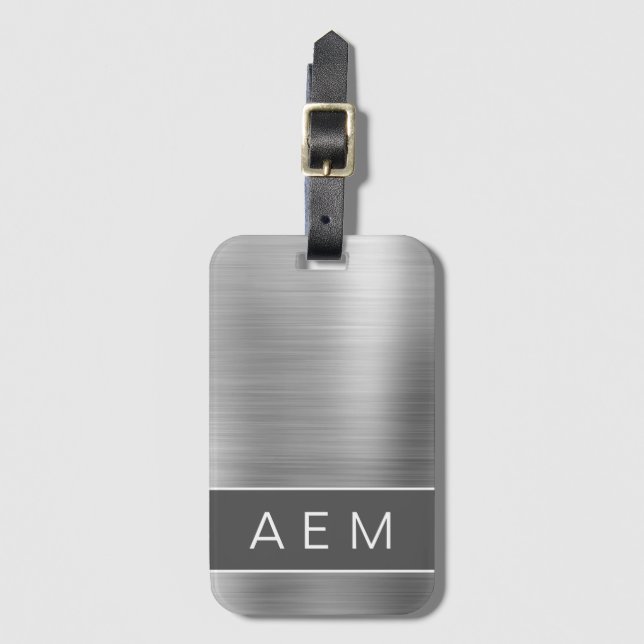 Silver Brushed Metall Monogram Namn och Initial Bagagebricka (Framsida vertikal)