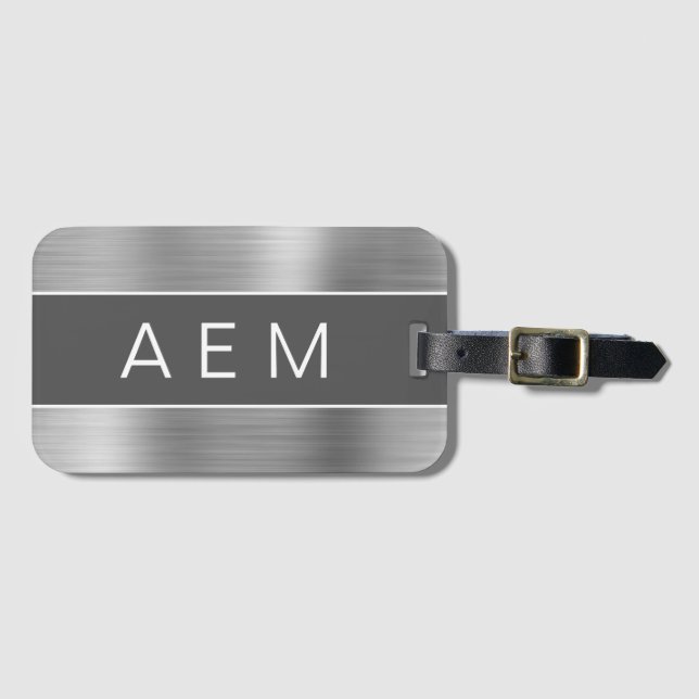 Silver Brushed Metall Monogram Namn och Initial Bagagebricka (Framsida horisontal)