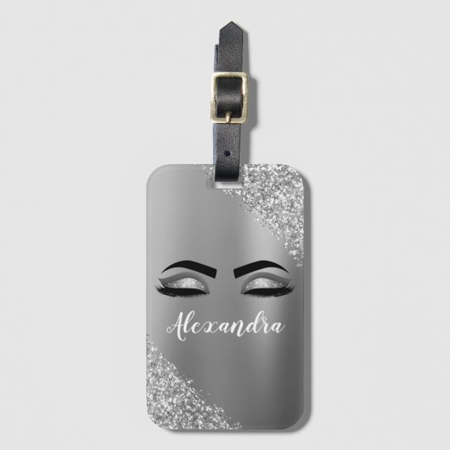 Silver Brushed Metall Monogram Namn och Initial Bagagebricka (Framsida vertikal)