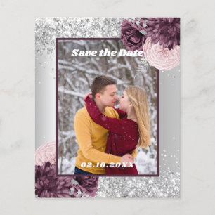 Silver burgunder blomsterfoto Spara datum bröllop Flygblad