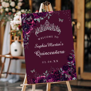 Silver Burgunder Rosa Quinceanera Skylt Välkommen