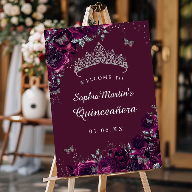 Silver Burgunder Rosa Quinceanera Skylt Välkommen (Skapare uppladdad)
