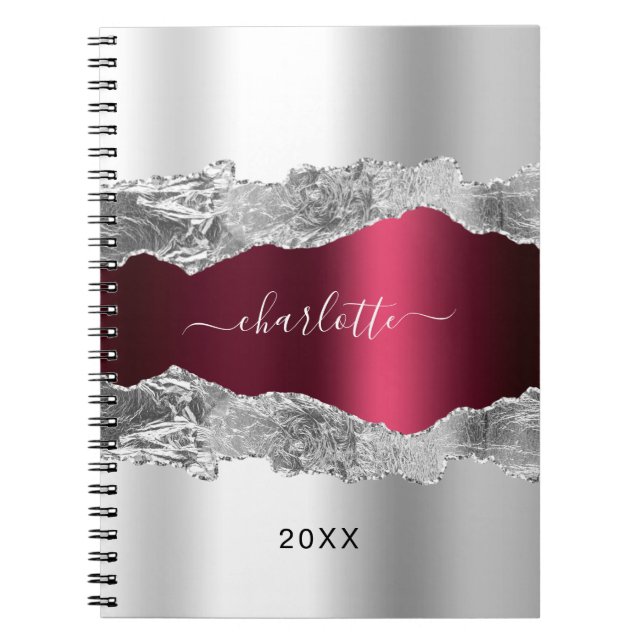 Silver burgundy agate marble namn-skript anteckningsbok (Framsidan)