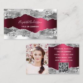 Silver burgundy agate marble QR-kodfoto Visitkort