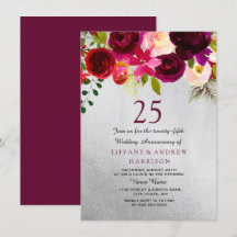 Silver & Burgundy Blommigt 25 Bröllop-årsdagen