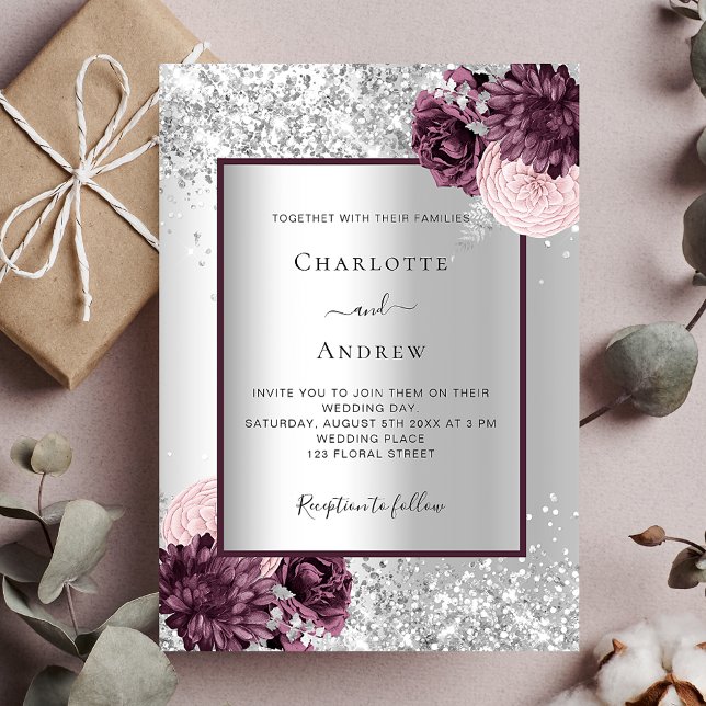 Silver burgundy blommigt elegant bröllop inbjudningar (Skapare uppladdad)