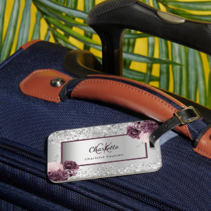 Silver burgundy blommigt elegant monogram namn bagagebricka