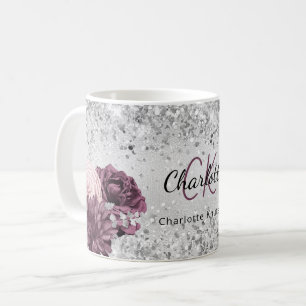 Silver burgundy blommigt elegant monogram namn kaffemugg