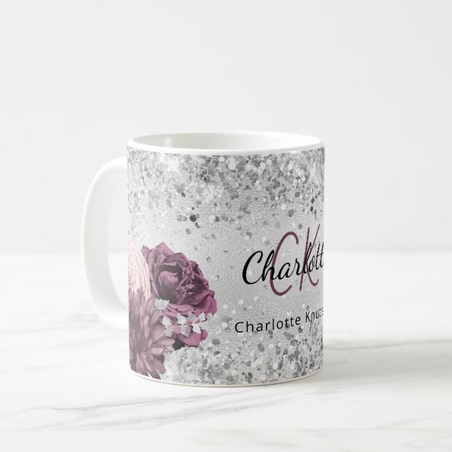 Silver burgundy blommigt elegant monogram namn kaffemugg (Framsida vänster)