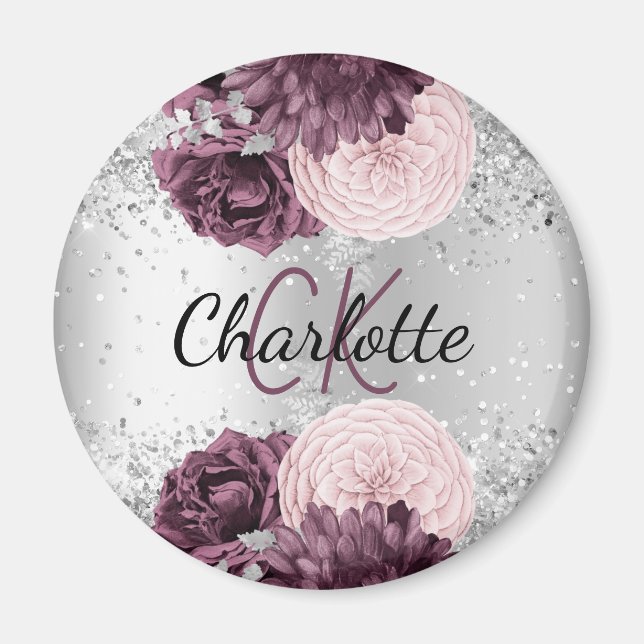 Silver burgundy blommigt elegant monogram namn magnet (Framsidan)