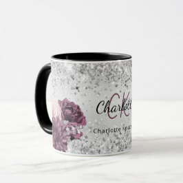 Silver burgundy blommigt elegant monogram namn mugg