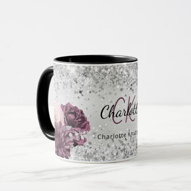 Silver burgundy blommigt elegant monogram namn mugg (Framsida vänster)