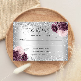 Silver burgundy blommigt glitter bröllop OSA Anteckningskort