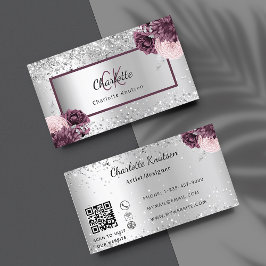 Silver burgundy blommigts elegant monogram QR-kod Visitkort