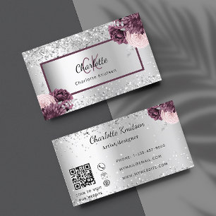 Silver burgundy blommigts elegant monogram QR-kod Visitkort