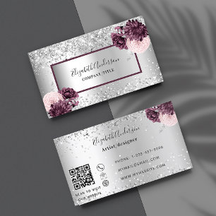 Silver burgundy blommigts elegant QR-kod Visitkort