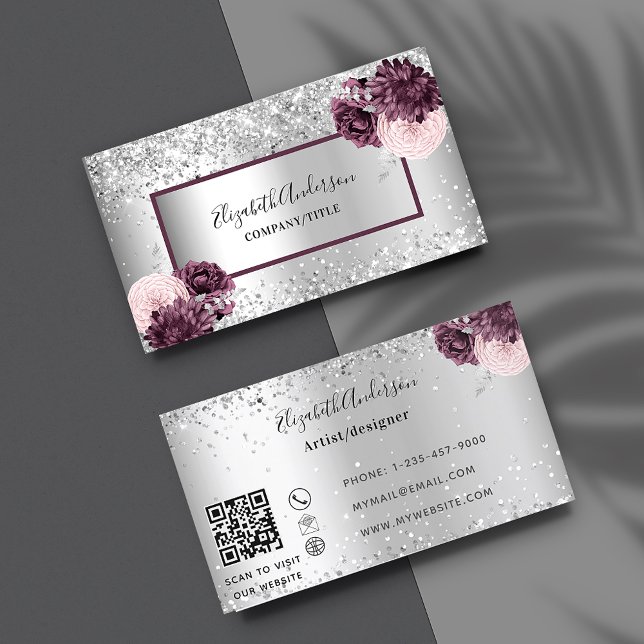 Silver burgundy blommigts elegant QR-kod Visitkort (Skapare uppladdad)