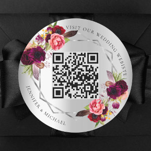 Silver burgundy blommigts geometric QR-kod bröllop Runt Klistermärke
