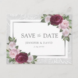 Silver Burgundy Blush Bröllop Save The Date Meddelande Vykort