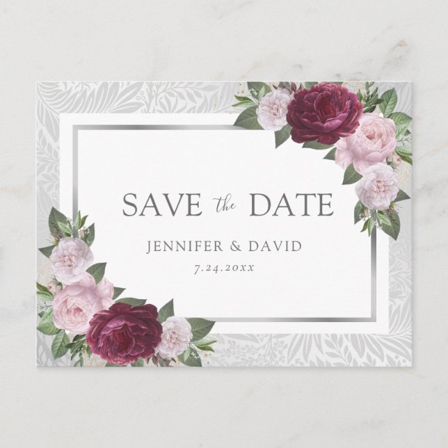 Silver Burgundy Blush Bröllop Save The Date Meddelande Vykort (Framsida)