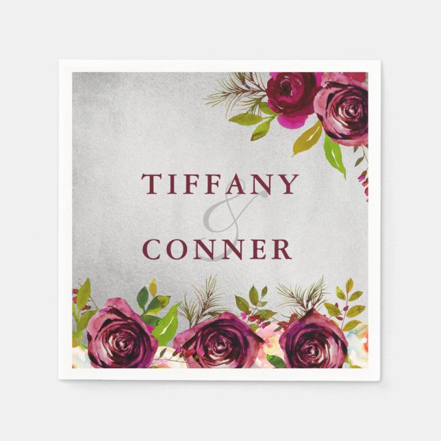 Silver Burgundy Bröllop-Förlovningen Pappersservett (Framsidan)