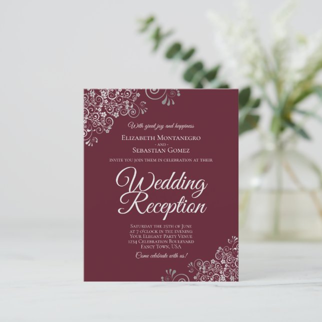 Silver & Burgundy Bröllopsmottagning BUDGET Inbjud (Stående Fram)