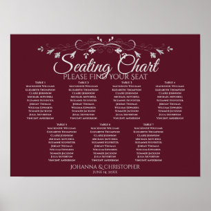 Silver Burgundy Chic 7 Bord Bröllop, sittdiagram Poster