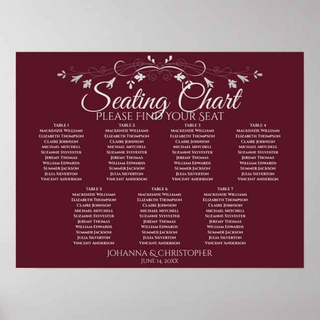 Silver Burgundy Chic 7 Bord Bröllop, sittdiagram Poster (Framsidan)
