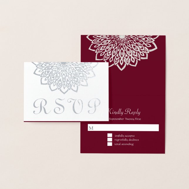 Silver Burgundy Elegant Blommigt OSA Bröllop Folierat Kort (Display)