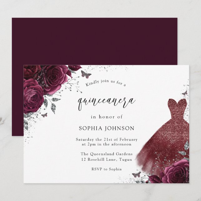 Silver Burgundy Gnistra Dress Ro Quinceanera Inbjudningar (Fram/baksida)