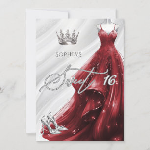 Silver Burgundy Red Gnistra Dress Sweet 16 Inbjudningar