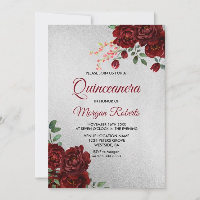 Silver Burgundy Röd ros Blommigt Quinceanera Inbju Inbjudningar (Framsida)