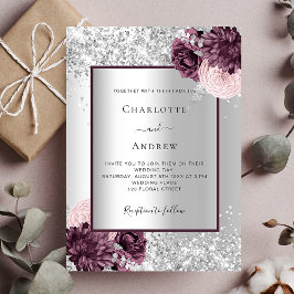 Silver burguny blommigt elegant lyxur bröllop inbjudningar