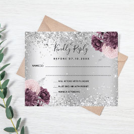 Silver burguny blommigt glitter bröllop OSA-kort