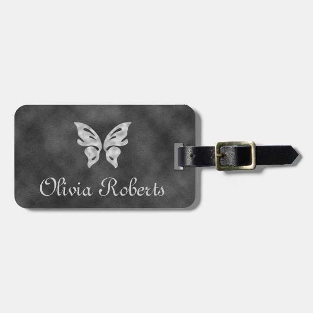 Silver Butterfly & Velvet Personlig Luggage Tag Bagagebricka (Horisontell Framsida)